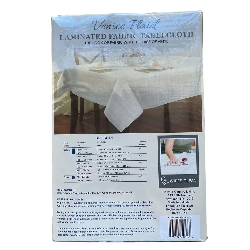 Venice Plaid Laminated Fabric Tablecloth Beige Wipes Clean Resists‎ Stain 60x84